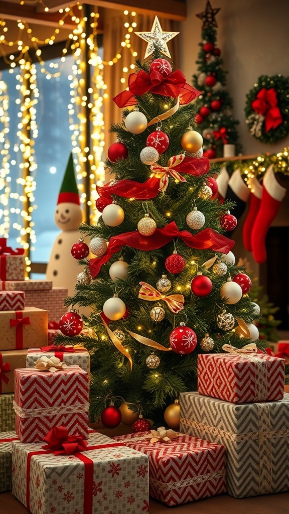A decorated Christmas tree with gifts underneath, creating a festive holiday ambiance.